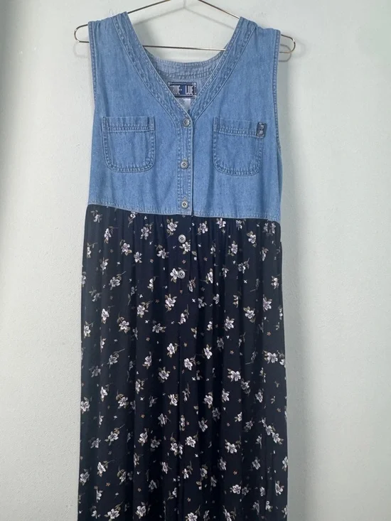 True Blue Vintage Denim Floral Wide Leg Jumpsuit Size L 90s Y2K Boho Cottagecore - Picture 3 of 11